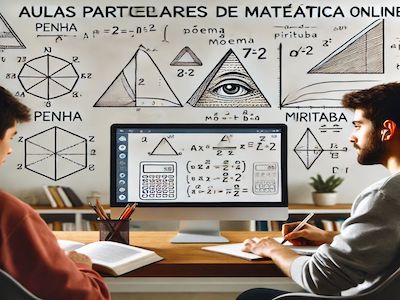Aula particular de matemática online, com professor e aluno em frente ao computador. Aulas de geometria e resolução de equações, com temas representados em um quadro branco. Aulas presenciais em Penha, Moema e Pirituba.