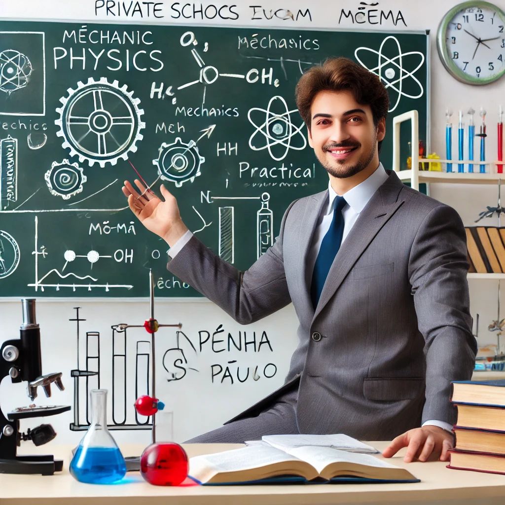 Aula de física particular em uma sala de aula em Penha ou Moema, São Paulo. O professor explica fórmulas de física no quadro branco, enquanto alunos recebem suporte personalizado. Aulas presenciais de reforço escolar, com foco em mecânica e física básica, ideais para estudantes do ensino médio.