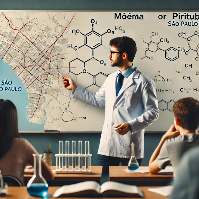 professor de química dando aula em sala, com um mapa de São Paulo ao fundo, química orgânica em Moema e Pirituba, em um ambiente profissional.