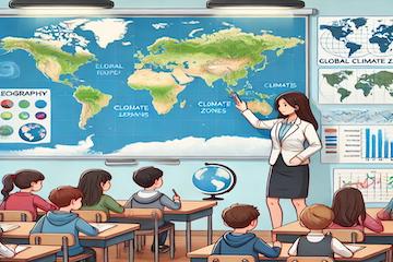  Aula de Geografia com professor particular de geografia explicando regiões geográficas e climas usando um mapa