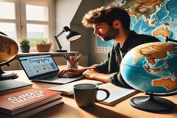 Estudante de Geografia estudando online com foco em mudanças climáticas, com mapa e globo visíveis..