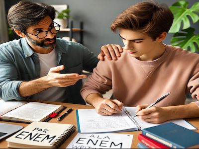 professor particular de redação em uma aula dedicada à redação para ENEM e FUVEST. 