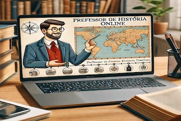 Um Professor particular de história explicando conceitos históricos em uma aula online, visível na tela do laptop, com um mapa e linha do tempo no quadro virtual. Professor de História online..