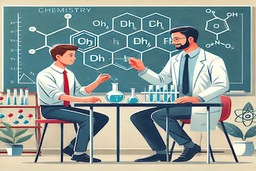 Aulas particulares de química com um Professor de Química e aluno, com materiais de laboratório e ambiente de ensino personalizado.
