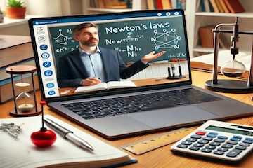 Professor de física explicando conceitos científicos em uma aula online, com foco em mecânica e leis de Newton. Aulas de física à distância para estudantes de ensino médio e vestibular. O cenário inclui livros de física e instrumentos como pesos e pêndulos para facilitar a aprendizagem prática.