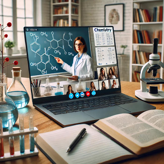 Professor de química online explicando conceitos de química em uma Aula online, com laptop e materiais de estudo, representando a modalidade de ensino remoto via google meet.